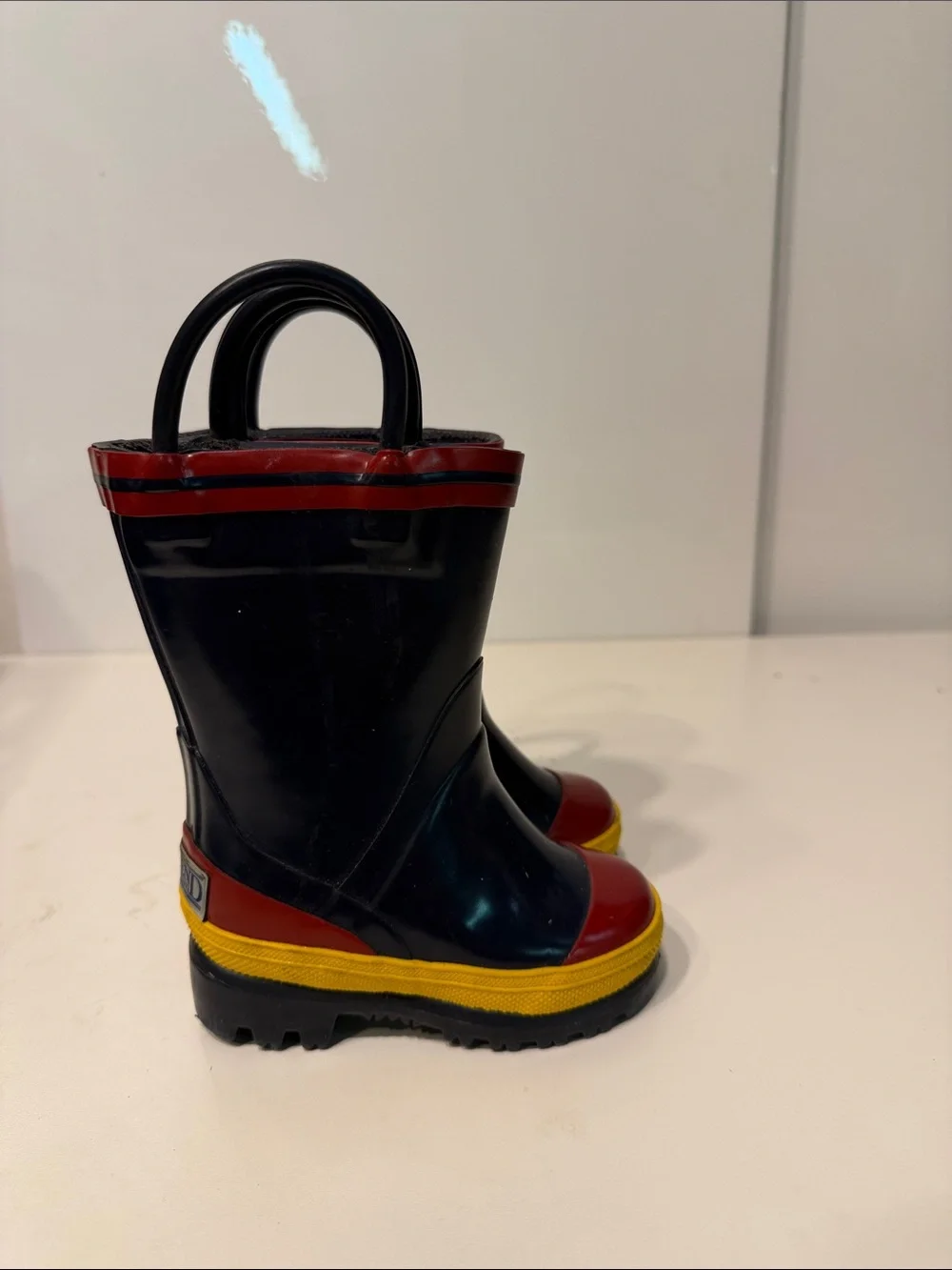 Used lands end Kids Black Rain Boots with Red & Yellow Trim 5M
